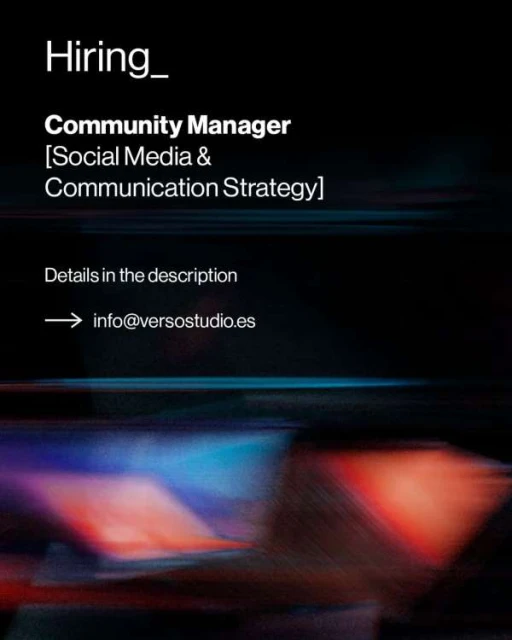 Job advertisement graphic with text "Hiring Community Manager," and email address. The bottom of the frame has an abstract design.