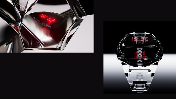 Close-up studio shot of a clear futuristic wrist watch with red digital numbers against a dark black and white gradient backdrop.