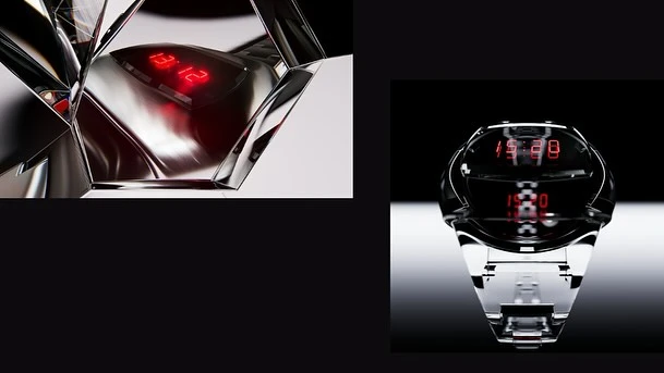 Close-up studio shot of a clear futuristic wrist watch with red digital numbers against a dark black and white gradient backdrop.