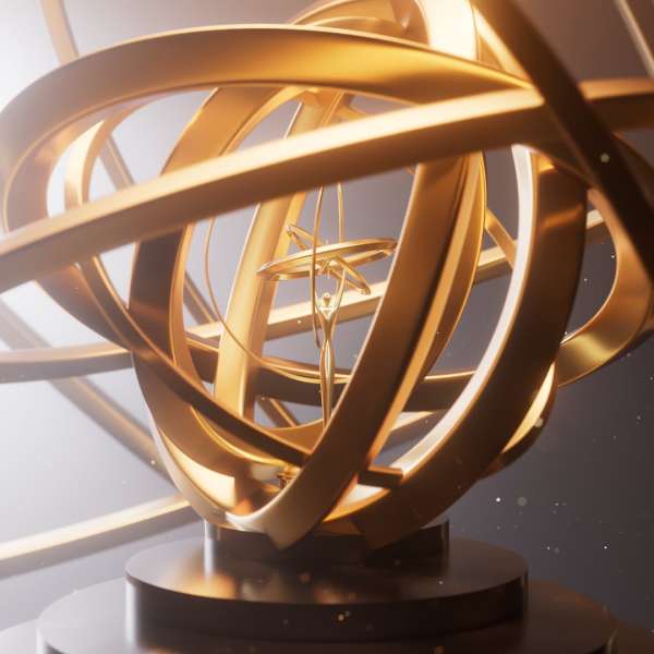 Golden abstract sculpture on a base featuring interconnected rings and a stylized human figure in the center, against a soft gray background.