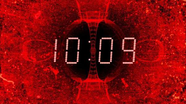 Abstract digital display showing 10:09 on a textured, dark red background with glowing elements and geometric structures.