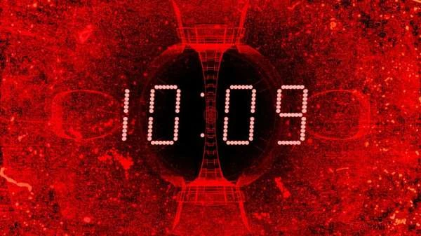Abstract digital display showing 10:09 on a textured, dark red background with glowing elements and geometric structures.