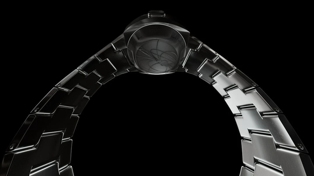 Close-up of a sleek, metal wristwatch with a distinctive band, set against a stark black background that highlights its intricate design.