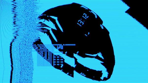 Abstract digital art featuring a dark silhouette with a digital clock display against a bright blue matrix background.