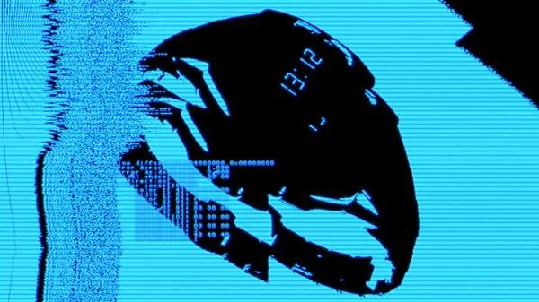 Abstract digital art featuring a dark silhouette with a digital clock display against a bright blue matrix background. 