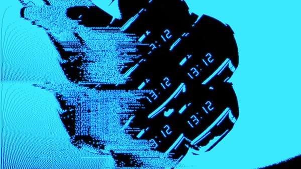 Abstract image featuring two black watches displaying '13:12', accented by digital glitch effects against a bright blue background.