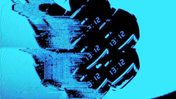 Abstract image featuring two black watches displaying '13:12', accented by digital glitch effects against a bright blue background.