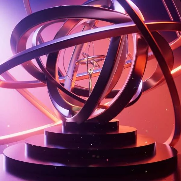 Abstract CGI rendering features a golden figure inside concentric rings on top of a tiered pedestal against a pink and purple background.