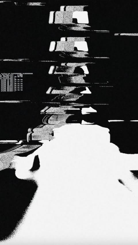Monochrome abstract art featuring a stacked structure with a grainy texture and stark black and white contrast, creating a distorted effect.