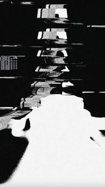 Monochrome abstract art featuring a stacked structure with a grainy texture and stark black and white contrast, creating a distorted effect.
