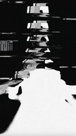 Monochrome abstract art featuring a stacked structure with a grainy texture and stark black and white contrast, creating a distorted effect.