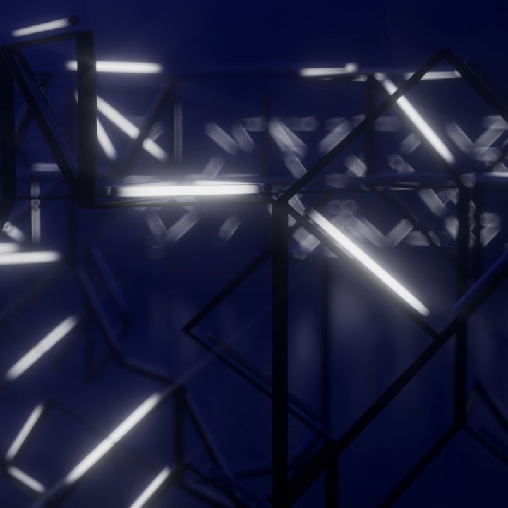 Abstract rendering of illuminated geometric shapes and lines in shades of blue and white, creating a futuristic, modern composition.