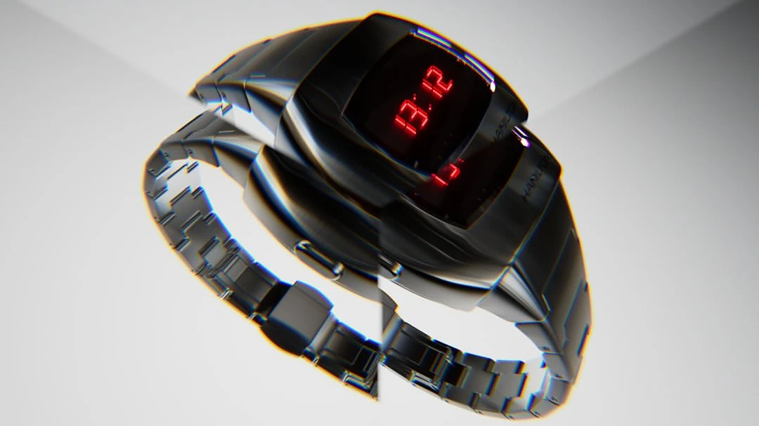 Close-up studio shot of a digital wristwatch with a metal band displaying '13:12' in bright red numbers against a gradient white backdrop.
