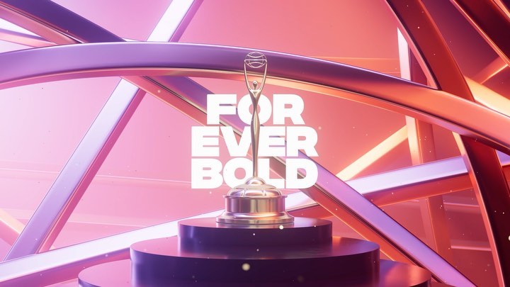 Computer generated image of a silver and gold award trophy on a pedestal, against a backdrop of geometric shapes and bold text.