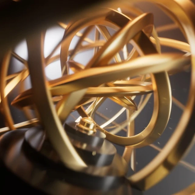 Golden kinetic sculpture featuring interconnected rings on a black base, abstract motion art, studio shot, complex and elegant design.