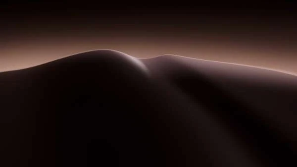 Abstract view of curved dunes under soft lighting creating shadows and gradients in neutral colors and subtle atmospheric perspective.