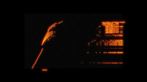 Orange digital display featuring abstract graphics and data patterns on a black screen, creating a retro-futuristic, technological aesthetic.