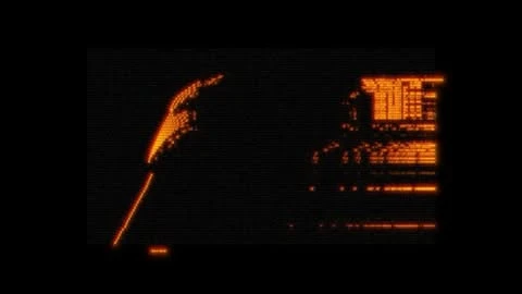Orange digital display featuring abstract graphics and data patterns on a black screen, creating a retro-futuristic, technological aesthetic.