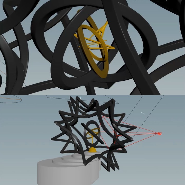 Abstract 3D rendering featuring looping black elements with a golden, ringed sphere at center against a light blue gradient background.
