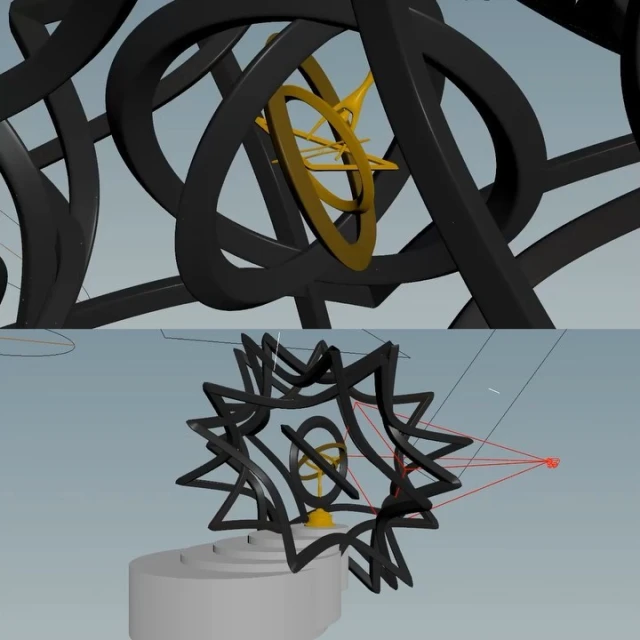 Abstract 3D rendering featuring looping black elements with a golden, ringed sphere at center against a light blue gradient background.