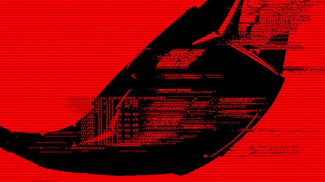 Abstract digital art features a black, helmet-like shape filled with red data code against a vibrant red background with horizontal lines.