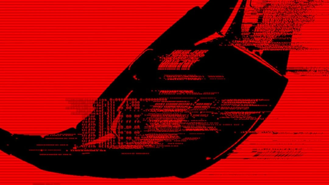 Abstract digital art features a black, helmet-like shape filled with red data code against a vibrant red background with horizontal lines.