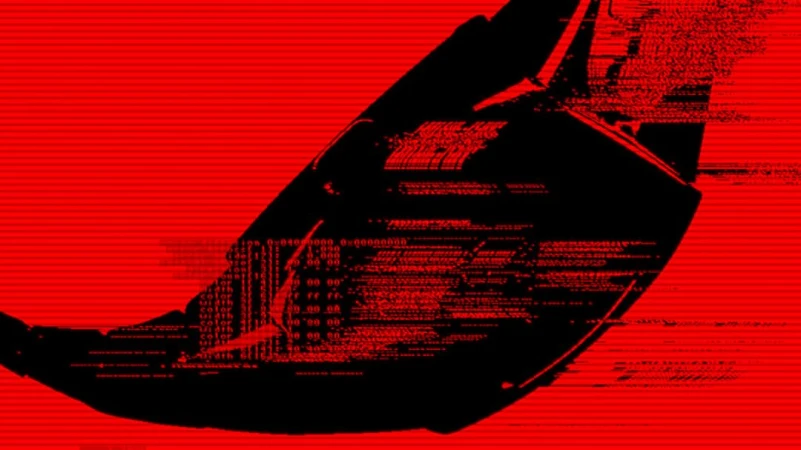 Abstract digital art features a black, helmet-like shape filled with red data code against a vibrant red background with horizontal lines.