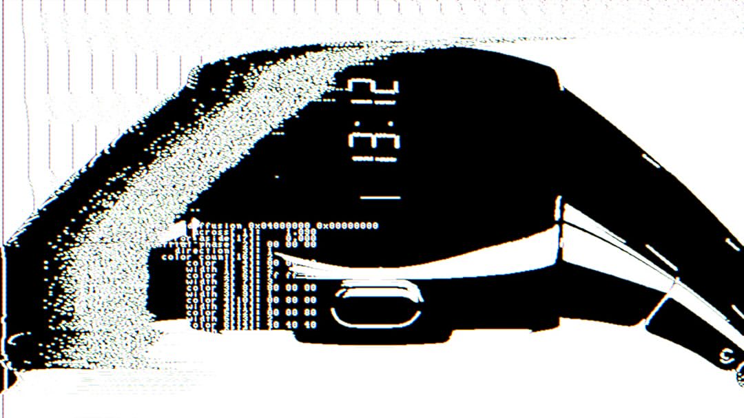 Close-up digital rendering of a black wristwatch on a white background, with a digital time display and abstract technical interface elements.