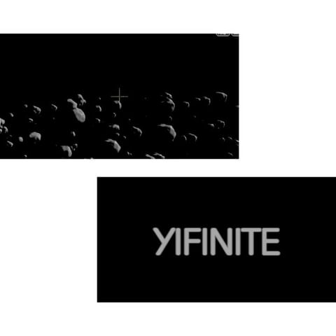 Abstract space scene with asteroid field, rendered with digital art techniques and a company logo displaying 'YIFINITE' in a dark setting.
