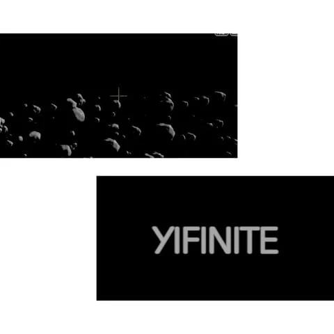 Abstract space scene with asteroid field, rendered with digital art techniques and a company logo displaying 'YIFINITE' in a dark setting.