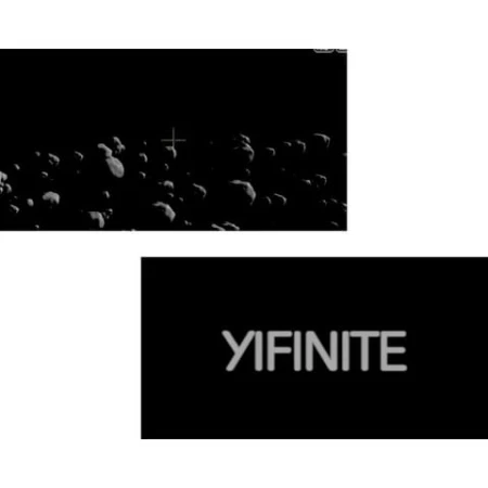 Abstract space scene with asteroid field, rendered with digital art techniques and a company logo displaying 'YIFINITE' in a dark setting.