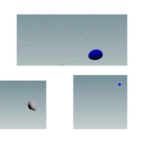 Abstract 3D rendering shows floating blue and gray shapes in a virtual space with a blue gradient background and square grid.