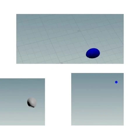 Abstract 3D rendering shows floating blue and gray shapes in a virtual space with a blue gradient background and square grid.