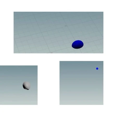 Abstract 3D rendering shows floating blue and gray shapes in a virtual space with a blue gradient background and square grid.