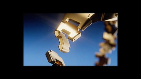 Gold coloured puzzle pieces connecting in an animation against a blue sky, with sunlight creating lens flares.