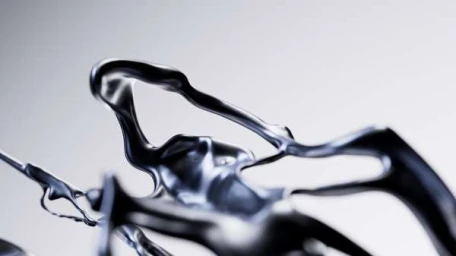 Close-up abstract render of fluid metallic liquid forming smooth flowing reflective shapes against a grey gradient background