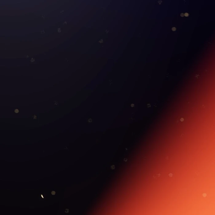 Dark gradient background with scattered floating dust particles and a vibrant red light leak on the right side.