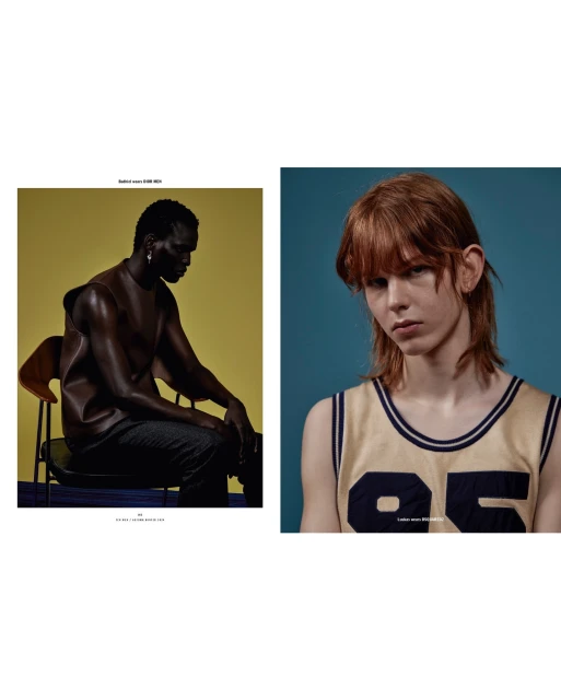 Two studio portraits featuring a Black male model in a leather vest and a Caucasian male model in a basketball jersey, against color backgrounds.