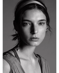 Portrait of a young woman wearing a headband and drop pearl earring, shot in monochrome by Vanina Sorrenti.