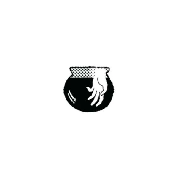 Illustration of a white hand reaching into a black pot with a cross-hatched rim, set against a white background.