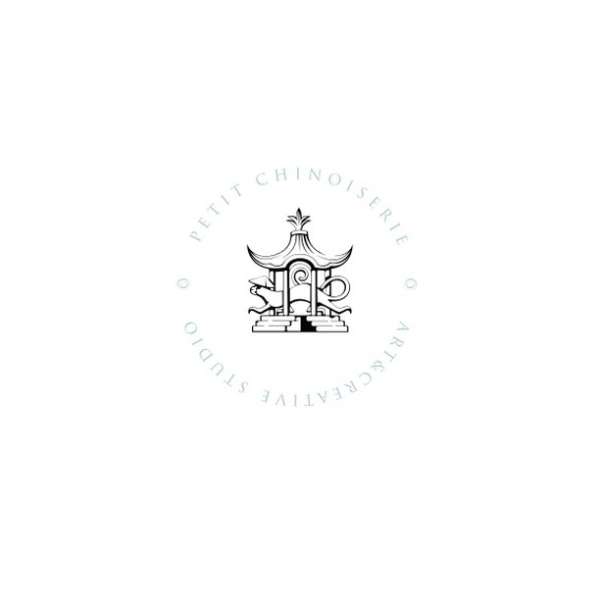 Logo for Petit Chinoiserie Creative Studio featuring a pagoda structure, oriental dragon statues, and stylized typography.