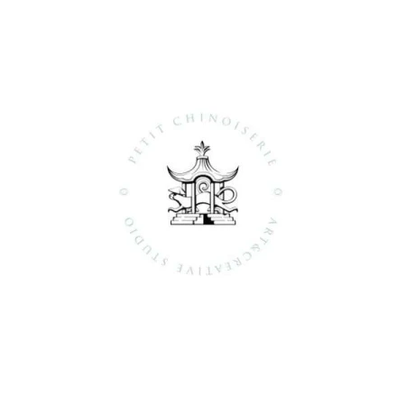 Logo for Petit Chinoiserie Creative Studio featuring a pagoda structure, oriental dragon statues, and stylized typography.