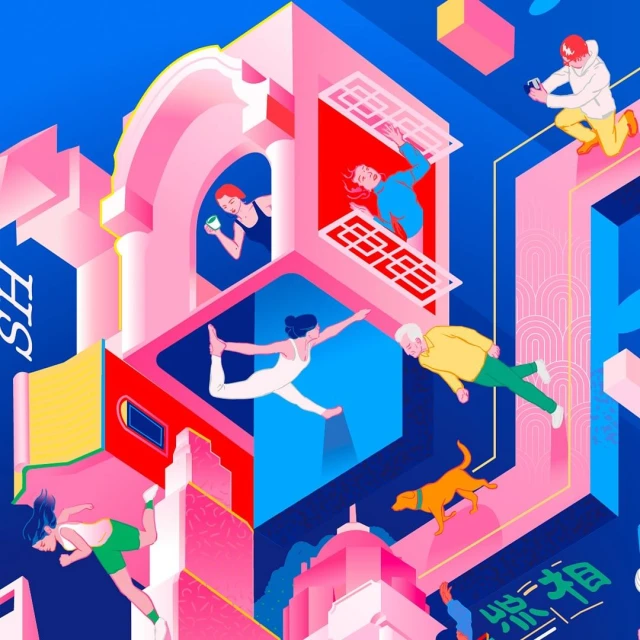 Vibrant isometric illustration features people in buildings, performing yoga, taking pictures, and walking a dog against a blue backdrop.