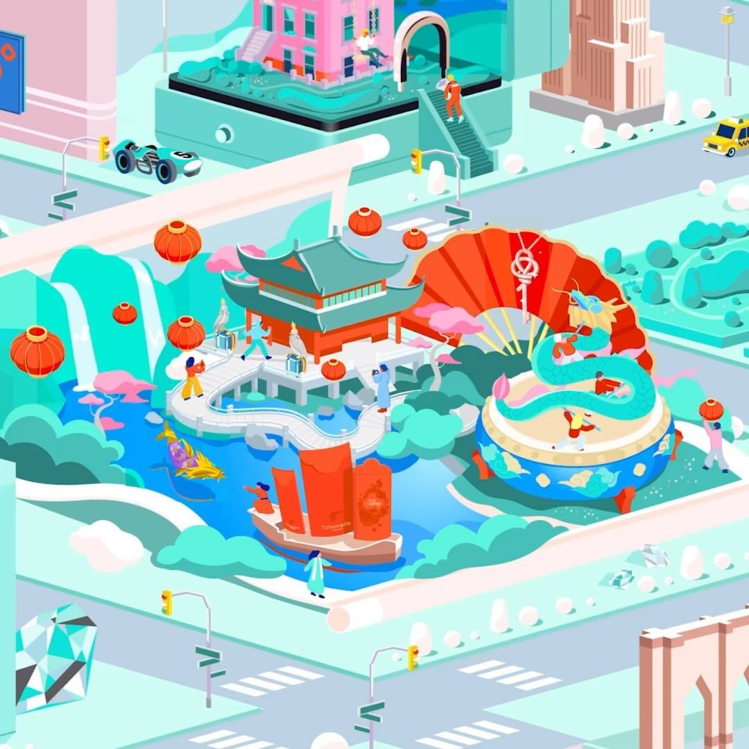 Isometric illustration of a vibrant, fantastical Chinese cityscape featuring traditional architecture, red lanterns, bridges, and a serpentine dragon.
