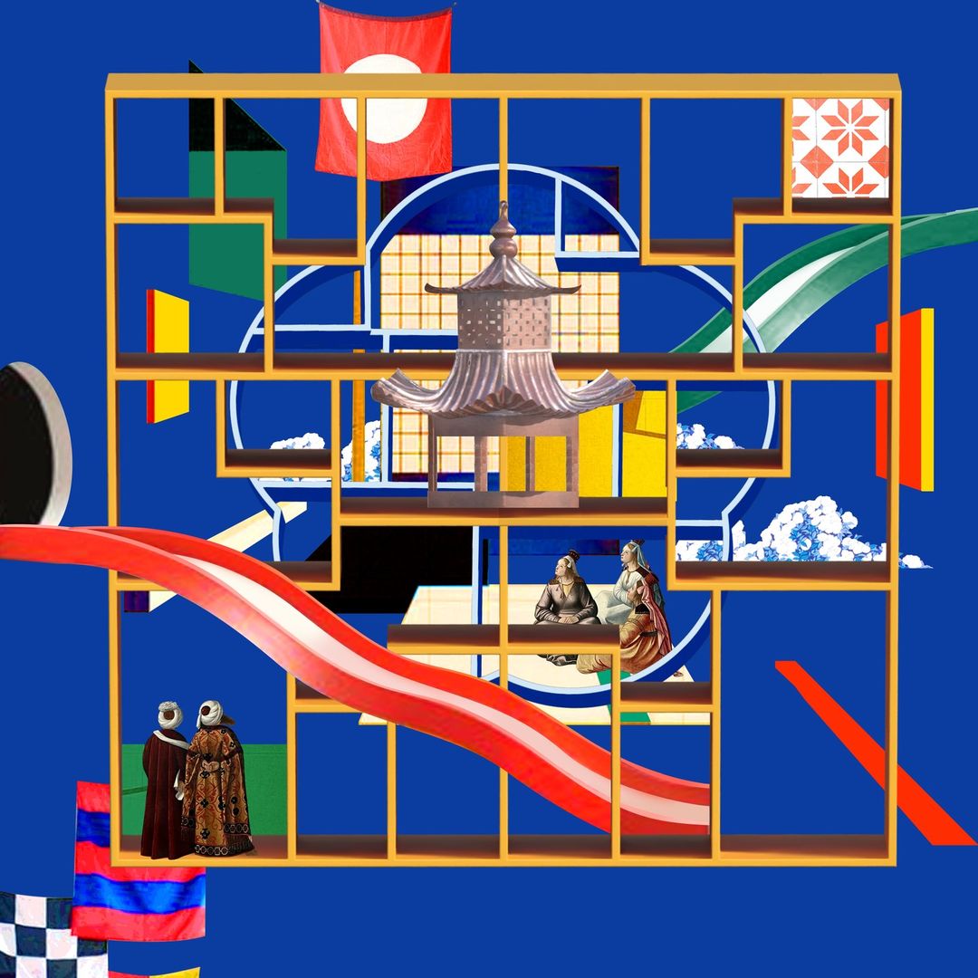 Digital collage featuring architectural geometric shapes, pagoda, flags, and two figures wearing robes against a blue background.