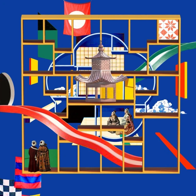 Digital collage featuring architectural geometric shapes, pagoda, flags, and two figures wearing robes against a blue background.