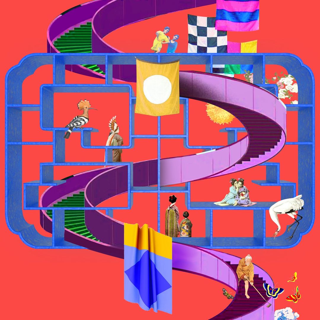 Surreal digital collage features figures, stairs, and textile art with warm coral background, showcasing a blend of fine art and visual effects.