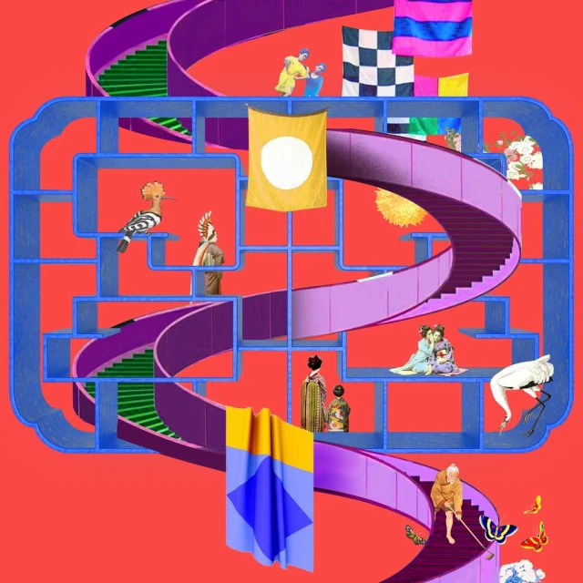 Surreal digital collage features figures, stairs, and textile art with warm coral background, showcasing a blend of fine art and visual effects.