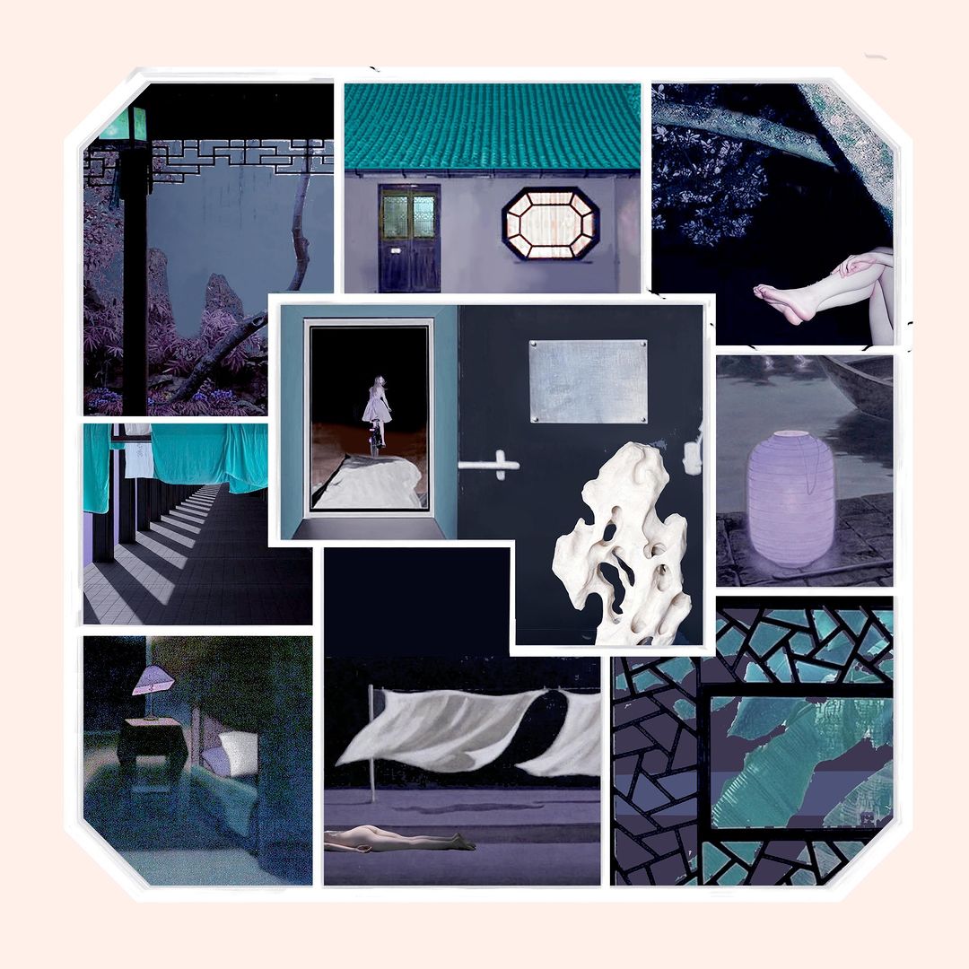 Surreal art collage featuring architectural elements, figures, textiles, and a variety of textures and colors in a square frame.