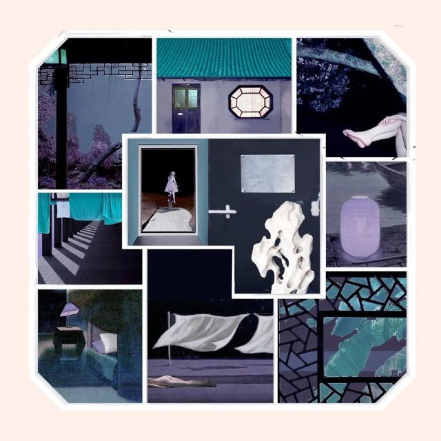Surreal art collage featuring architectural elements, figures, textiles, and a variety of textures and colors in a square frame.